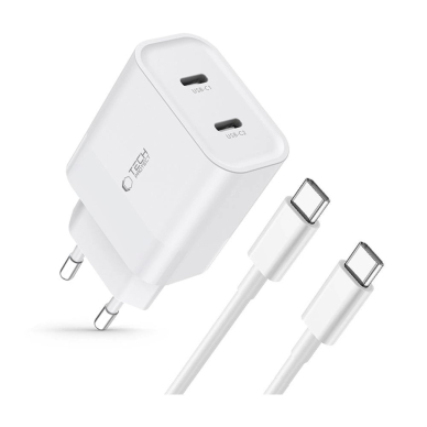 Tech-Protect C20W 2x USB-C PD 20W network Įkroviklis USB-C / USB-C Kabelis - baltas 1