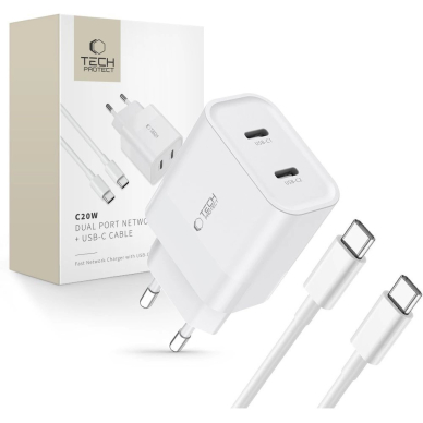 Tech-Protect C20W 2x USB-C PD 20W network Įkroviklis USB-C / USB-C Kabelis - baltas