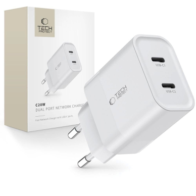 Tech-Protect C20W mains Įkroviklis  2x USB-C PD 20W - baltas