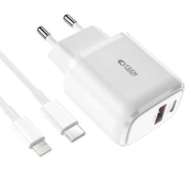 Tech-Protect C20W USB-C PD 20W / USB-A QC 3.0 network Įkroviklis USB-C / Lightning Kabelis - baltas 1