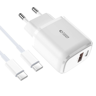 Tech-Protect C20W USB-C PD 20W / USB-A QC 3.0 network Įkroviklis USB-C / USB-C Kabelis - baltas 1