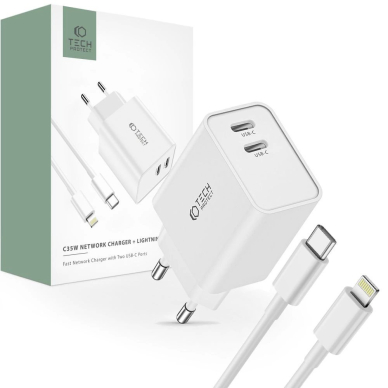 Tech-Protect C35W 2x USB-C PD 35W network Įkroviklis USB-C / Lightning Kabelis - baltas