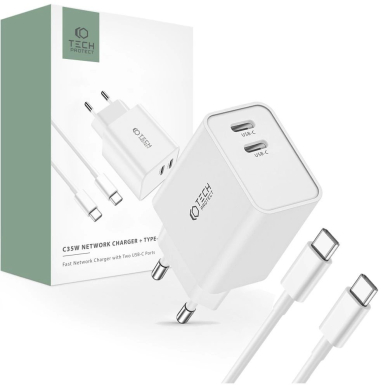 Tech-Protect C35W 2x USB-C PD 35W network Įkroviklis USB-C / USB-C Kabelis - baltas