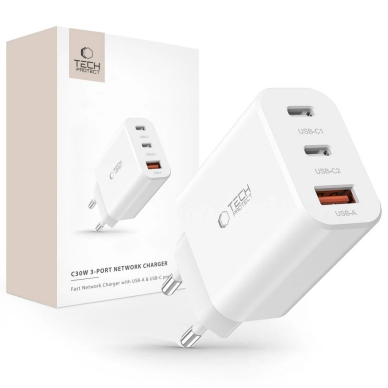 Tech-Protect NC30W network Įkroviklis  2x USB-C PD 30W / USB-A QC 3.0 - baltas