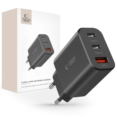 Tech-Protect NC30W network Įkroviklis  2x USB-C PD 30W / USB-A QC 3.0 - Juodas