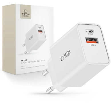 Tech-Protect NC30W USB-C PD 30W / USB-A QC 3.0 network Įkroviklis  - baltas