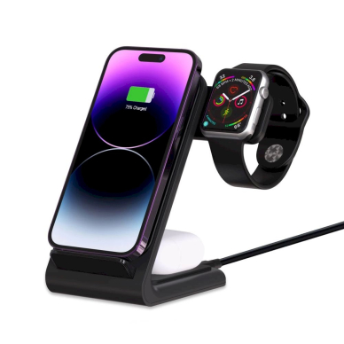 Tech-Protect QI15W-A20 inductive Įkroviklis 3in1 stand smartphone / Ausinės / Apple Watch - Juodas 1