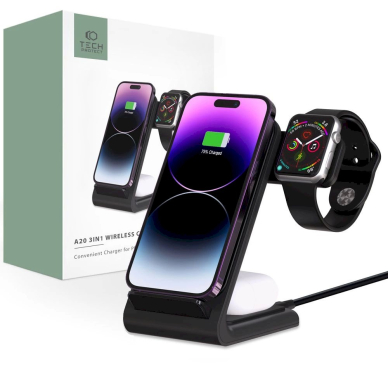 Tech-Protect QI15W-A20 inductive Įkroviklis 3in1 stand smartphone / Ausinės / Apple Watch - Juodas