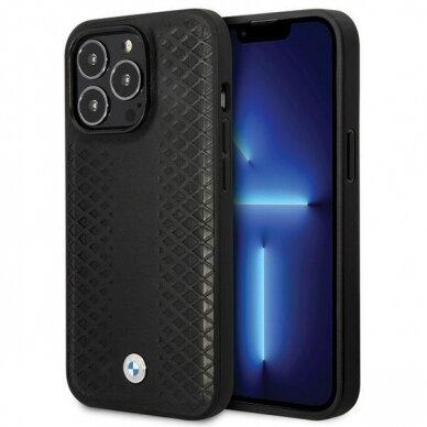 Telefono Dėklas Case BMW iPhone 14 Pro 6.1" Leather Diamond Pattern Juodas KOW068