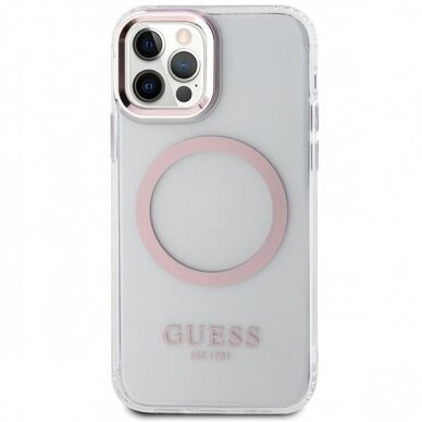 Telefono Dėklas Case Guess iPhone 12/12 Pro 6.1" hard case Metal Outline Magsafe Skaidrus Rožinis KOW068 2