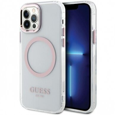 Telefono Dėklas Case Guess iPhone 12/12 Pro 6.1" hard case Metal Outline Magsafe Skaidrus Rožinis KOW068