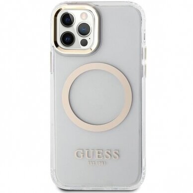 Telefono Dėklas Case Guess iPhone 12/12 Pro 6.1" hardcase Metal Outline Magsafe Skaidrus Auksinis KOW068 2