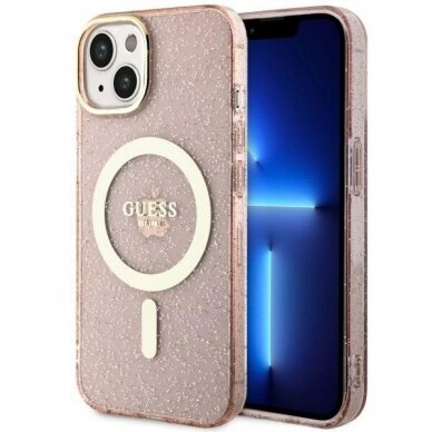 Telefono Dėklas Case Guess iPhone 14 6.1" Rožinis Skaidrus hardcase Glitter Gold MagSafe GNZ022