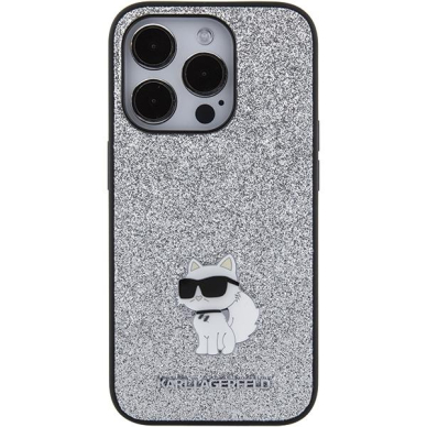 Telefono Dėklas Etui Karl Lagerfeld Fixed Glitter Choupette Logo Metal Pin do iPhone 15 Pro Sidabrinis KOW068 2