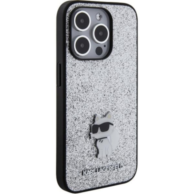 Telefono Dėklas Etui Karl Lagerfeld Fixed Glitter Choupette Logo Metal Pin do iPhone 15 Pro Sidabrinis KOW068 3