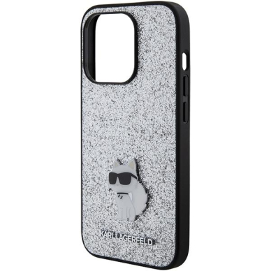 Telefono Dėklas Etui Karl Lagerfeld Fixed Glitter Choupette Logo Metal Pin do iPhone 15 Pro Sidabrinis KOW068 5