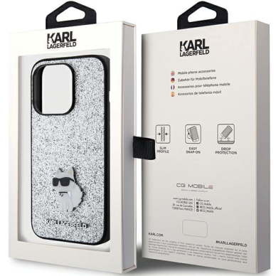 Telefono Dėklas Etui Karl Lagerfeld Fixed Glitter Choupette Logo Metal Pin do iPhone 15 Pro Sidabrinis KOW068 7