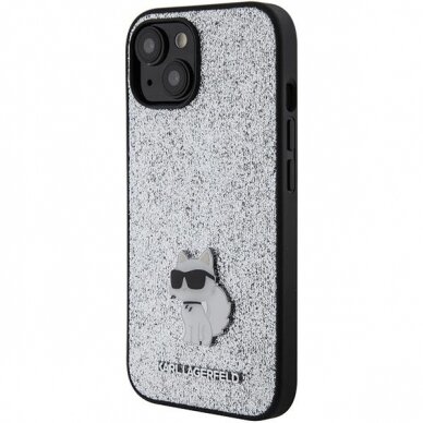 Telefono Dėklas Etui Karl Lagerfeld Fixed Glitter Choupette Logo Metal Pin do iPhone 15 Sidabrinis KOW068 1