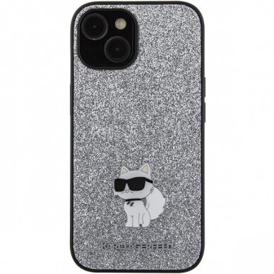 Telefono Dėklas Etui Karl Lagerfeld Fixed Glitter Choupette Logo Metal Pin do iPhone 15 Sidabrinis KOW068 2