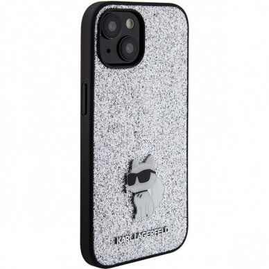 Telefono Dėklas Etui Karl Lagerfeld Fixed Glitter Choupette Logo Metal Pin do iPhone 15 Sidabrinis KOW068 3