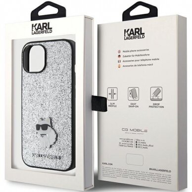 Telefono Dėklas Etui Karl Lagerfeld Fixed Glitter Choupette Logo Metal Pin do iPhone 15 Sidabrinis KOW068 7