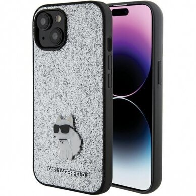 Telefono Dėklas Etui Karl Lagerfeld Fixed Glitter Choupette Logo Metal Pin do iPhone 15 Sidabrinis KOW068