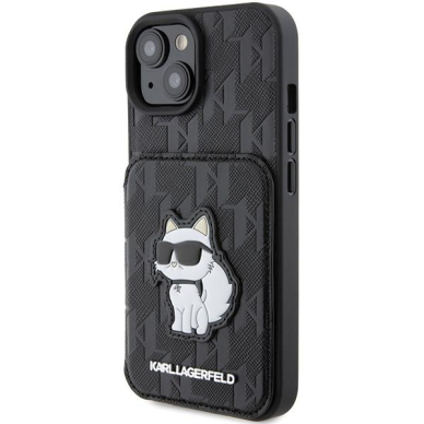 Telefono Dėklas Etui Karl Lagerfeld Saffiano Cardslots and Stand Monogram Choupette do iPhone 15 Juodas KOW068 1