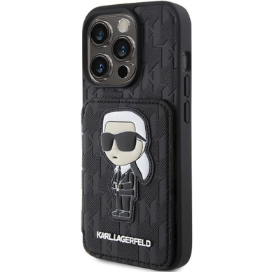 Telefono Dėklas Etui Karl Lagerfeld Saffiano Cardslots and Stand Monogram Ikonik Patch do iPhone 15 Pro Juodas KOW068 1