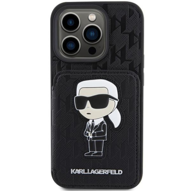 Telefono Dėklas Etui Karl Lagerfeld Saffiano Cardslots and Stand Monogram Ikonik Patch do iPhone 15 Pro Juodas KOW068 2