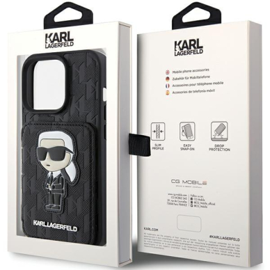 Telefono Dėklas Etui Karl Lagerfeld Saffiano Cardslots and Stand Monogram Ikonik Patch do iPhone 15 Pro Juodas KOW068 8