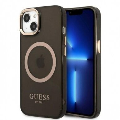 Telefono Dėklas Guess Gold Outline Translucent MagSafe na iPhone 13 Juodas Skaidrus GNZ022