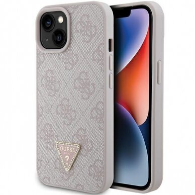 Telefono Dėklas Guess Leather 4G Triangle Strass case for iPhone 15 Šviesiai Rožinis KOW068