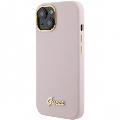 Telefono Dėklas Guess Silicone Script Metal Logo & Frame case for iPhone 15 Rožinis KOW068 1