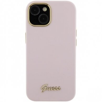 Telefono Dėklas Guess Silicone Script Metal Logo & Frame case for iPhone 15 Rožinis KOW068 2