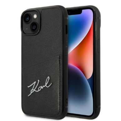 Telefono Dėklas Karl Lagerfeld Signature Logo Cardslot na iPhone 14 Plus Juodas Odinis GNZ022