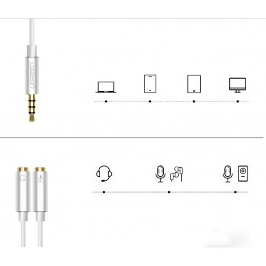 Ugreen 3,5 mm mini jack AUX splitter adapter kabelis with microphone plug 20cm sidabrinis (30619) 4