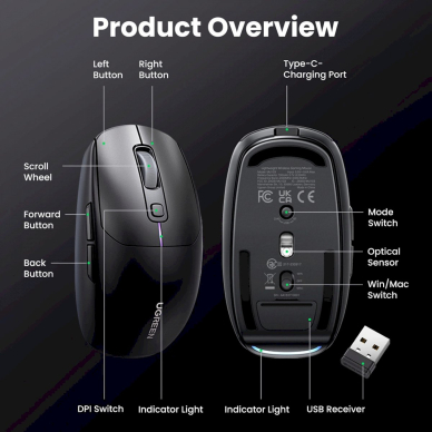 Ugreen MU103 Bluetooth 5.0 computer mouse / 2.4GHz USB receiver - Juodas 5