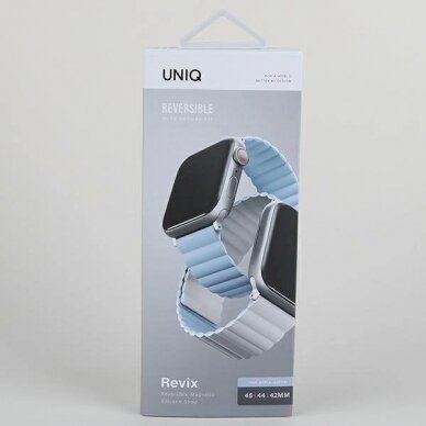 Uniq Dėklas Revix strap skirta Apple Watch 1/2/3/4/5/6/7/8/9/SE/SE2/Ultra 42/44/45/49mm. Reversible Magnetic Baltas-Mėlynas/Baltas-Mėlynas 9