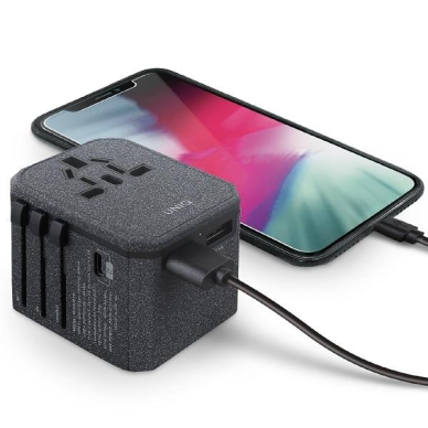 Uniq Load. network. Voyage World Adapter 33W + 2xUSB + PD 18W + QC 3.0 grey/charcoal Pilkas (LITHOS Collective) 3