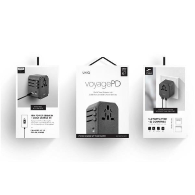 Uniq Load. network. Voyage World Adapter 33W + 2xUSB + PD 18W + QC 3.0 grey/charcoal Pilkas (LITHOS Collective) 7