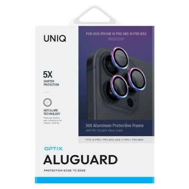 Uniq Optix Aluminum Camera Lens Protector iPhone 16 Pro 6.3 / 16 Pro Max 6.9 iridescent camera lens glass with applicator 1