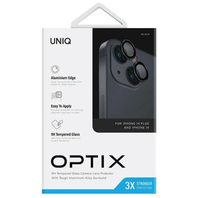 Uniq Optix Glass Aluminum Camera Lens Protector iPhone 14 / 14 Plus Camera LensApplicator - Juodas 2