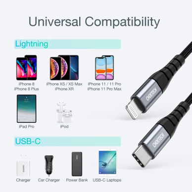 USB-C - Lightning Choetech IP0042 MFi Kabelis 480Mb/s 3A 3m - Juodas 4