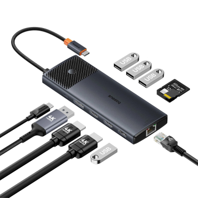 USB HUB 11in1 Baseus Metal Gleam Series II USB-A/USB-C PD/HDMI/DP/RJ45/SD/TF - Juodas