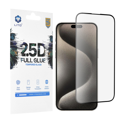 [Užsakomoji prekė] Apsauginis stikliukas iPhone 15 Pro Max - Lito 2.5D FullGlue Glass - Juodas