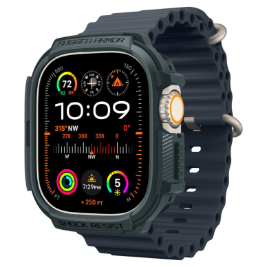 [Užsakomoji prekė] Dėklas Apple Watch Ultra / Ultra 2 - Spigen Rugged Armor - Abyss Green 1