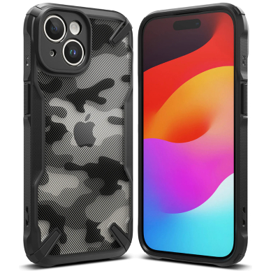 [Užsakomoji prekė] Dėklas iPhone 15 Plus - Ringke Fusion X Design - Camo Juodas