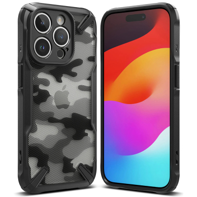 [Užsakomoji prekė] Dėklas iPhone 15 Pro Max - Ringke Fusion X Design - Camo Juodas