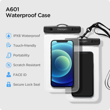 Vandeniui Atsparus Dėklas SPIGEN A601 UNIVERSAL WATERPROOF CASE 2vnt. CRYSTAL Skaidrus 4