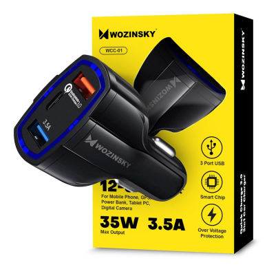 Wozinsky Universalus Automobilinis Įkroviklis 2X Usb / Usb Type C Quick Charge 3.0 Qc3.0 Juodas (Wcc-01) 11